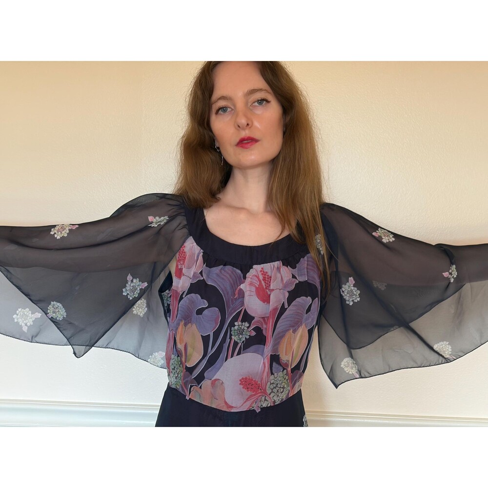 1970s Floral Print Chiffon Dress with Angel Flutter Sleeves, Empire Waist
